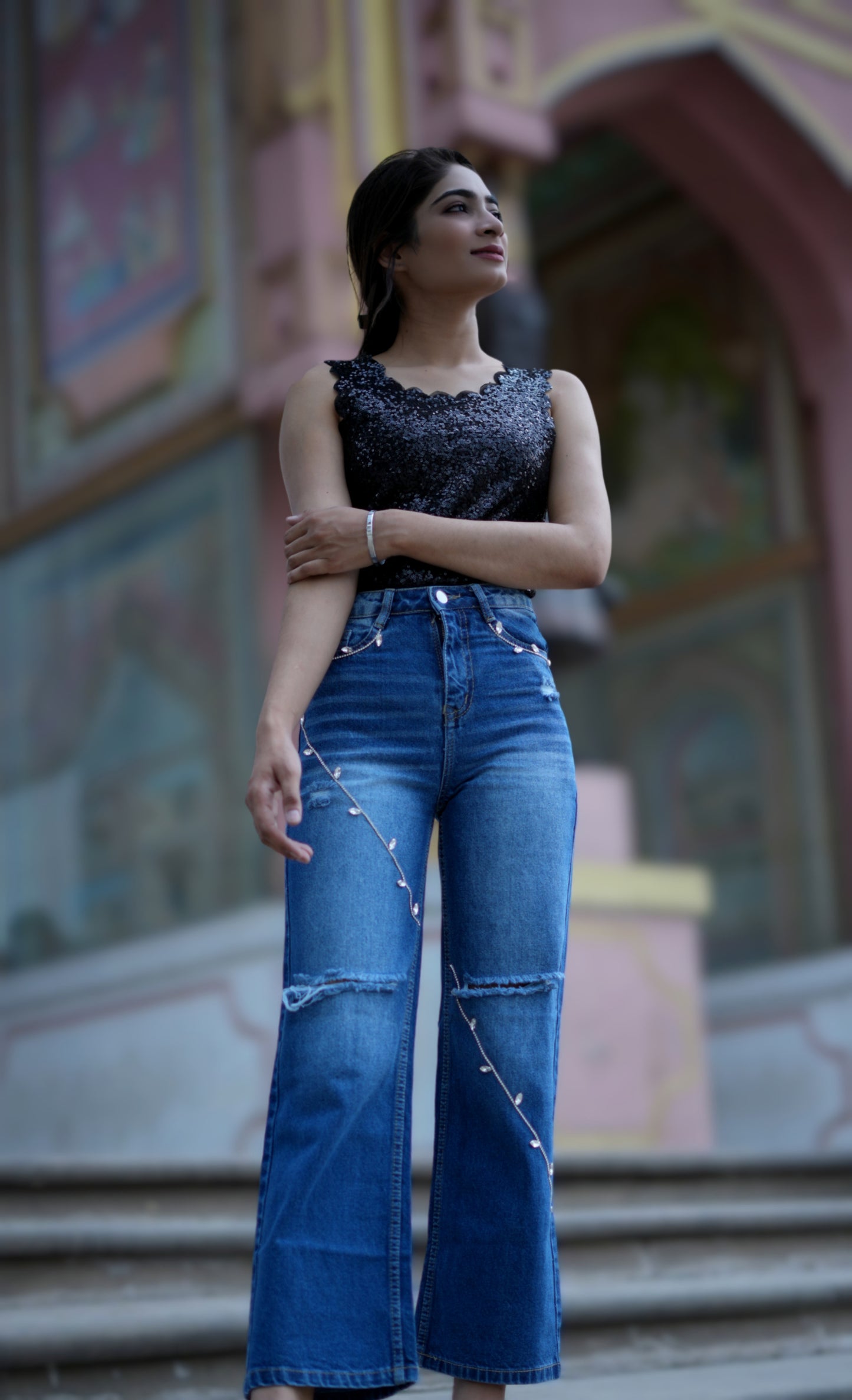 Women's Rugged Straight Fit Jeans with Stone & Chain Embellishments