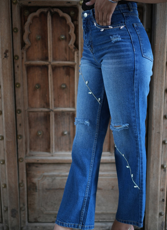 Women's Rugged Straight Fit Jeans with Stone & Chain Embellishments