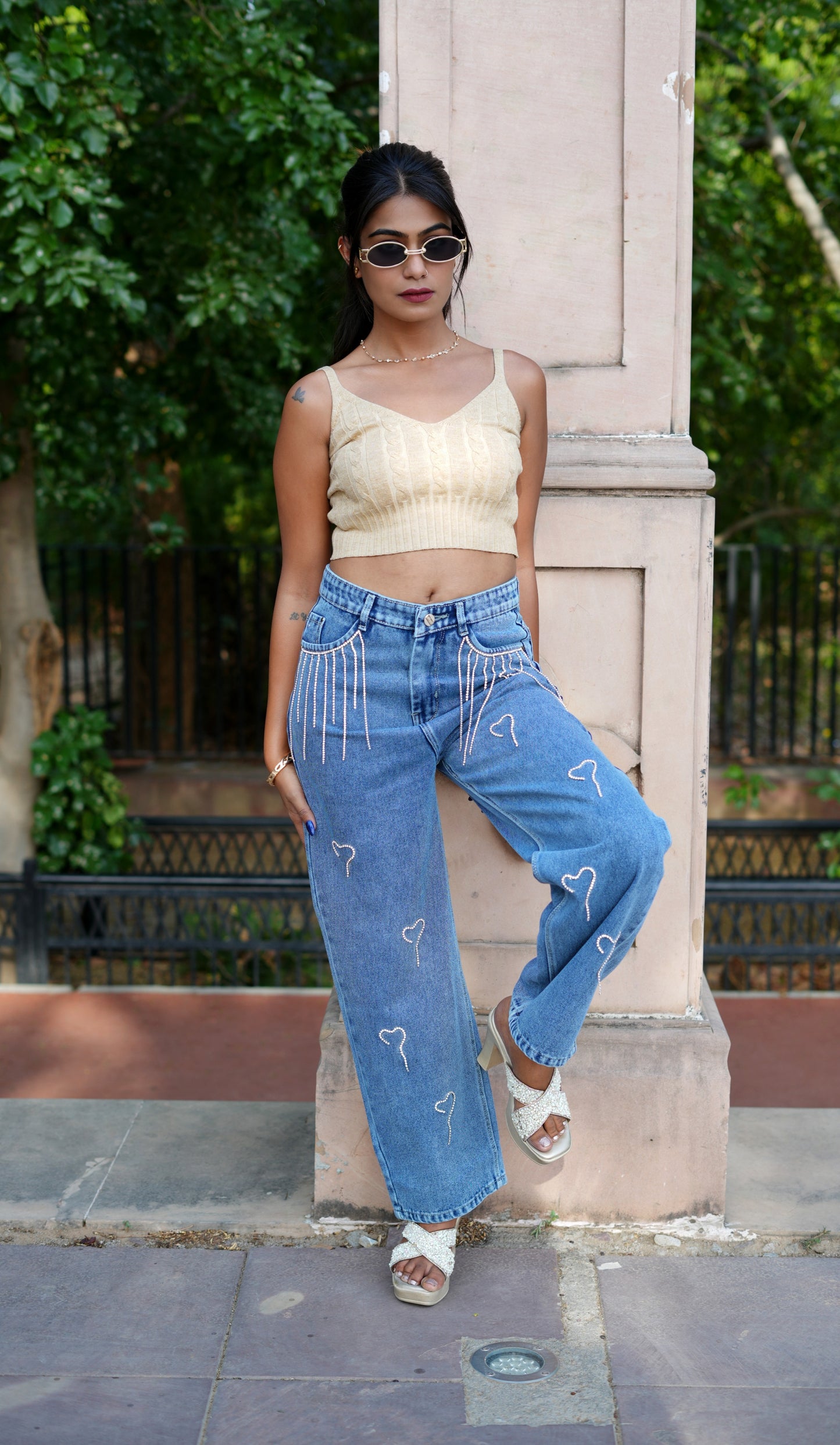 Woman Straight Fit Highly Distressed Embellished Jeans