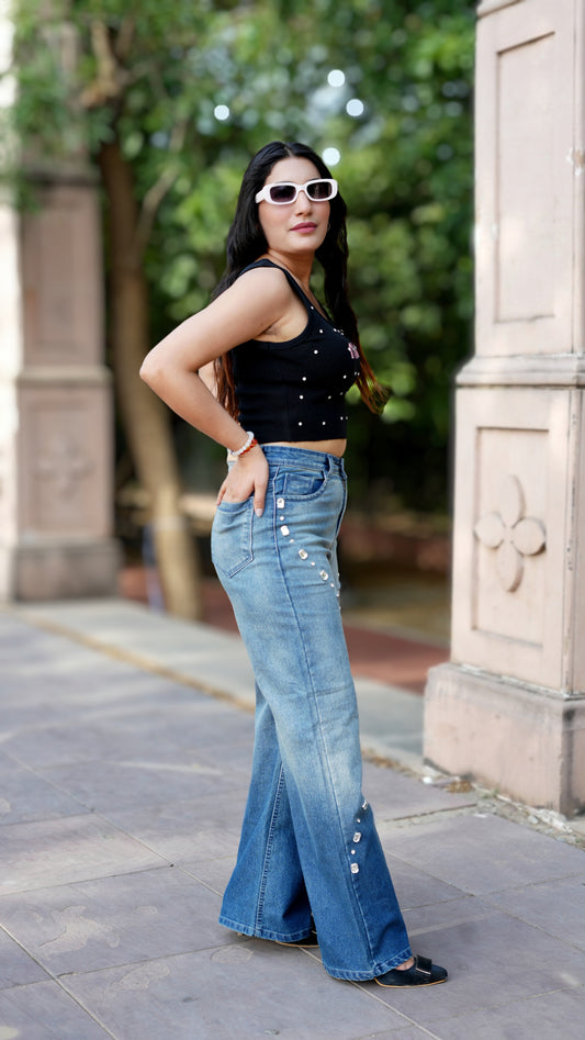 Woman Curves Stone Design Dual Shade Jeans