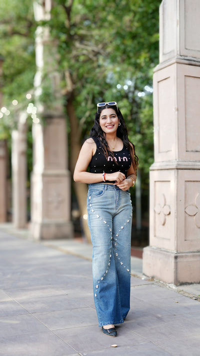 Woman Curves Stone Design Dual Shade Jeans