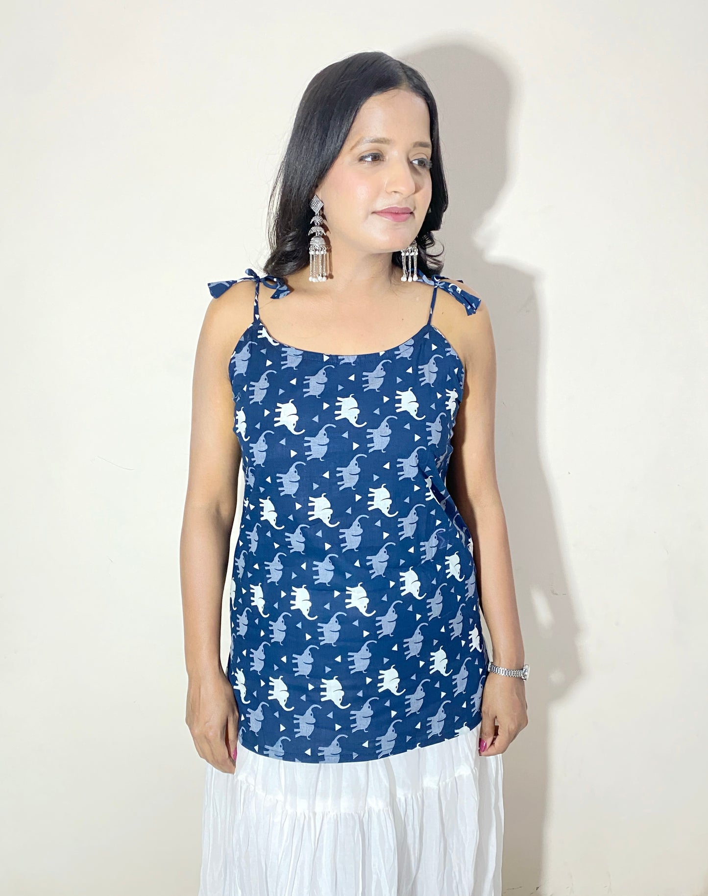 Airavya Women's Blue Elephant Print Sleeveless Short Kurti | Tie-Up Shoulder Strap Casual Ethnic Top for Women