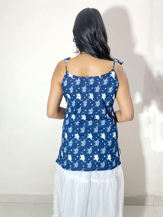 Airavya Women's Blue Elephant Print Sleeveless Short Kurti | Tie-Up Shoulder Strap Casual Ethnic Top for Women