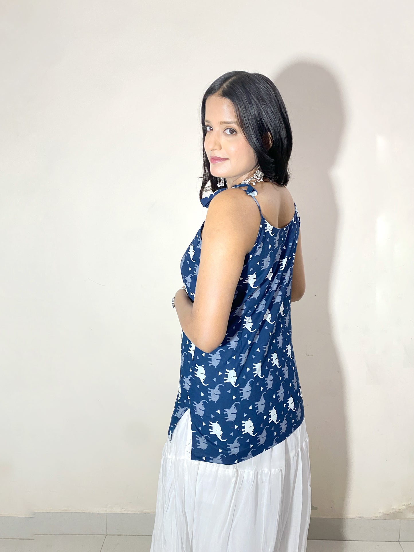 Airavya Women's Blue Elephant Print Sleeveless Short Kurti | Tie-Up Shoulder Strap Casual Ethnic Top for Women