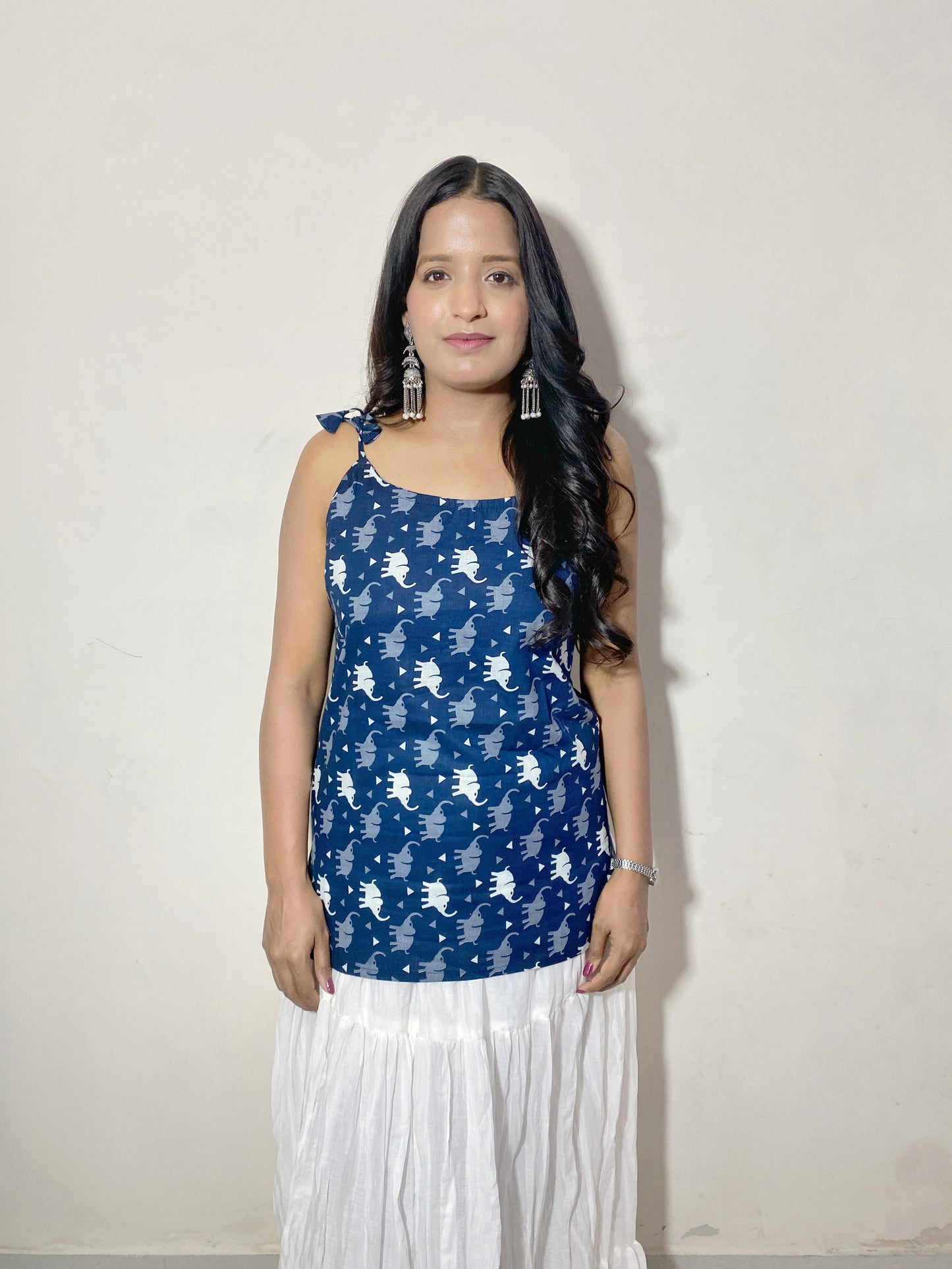 Airavya Women's Blue Elephant Print Sleeveless Short Kurti | Tie-Up Shoulder Strap Casual Ethnic Top for Women