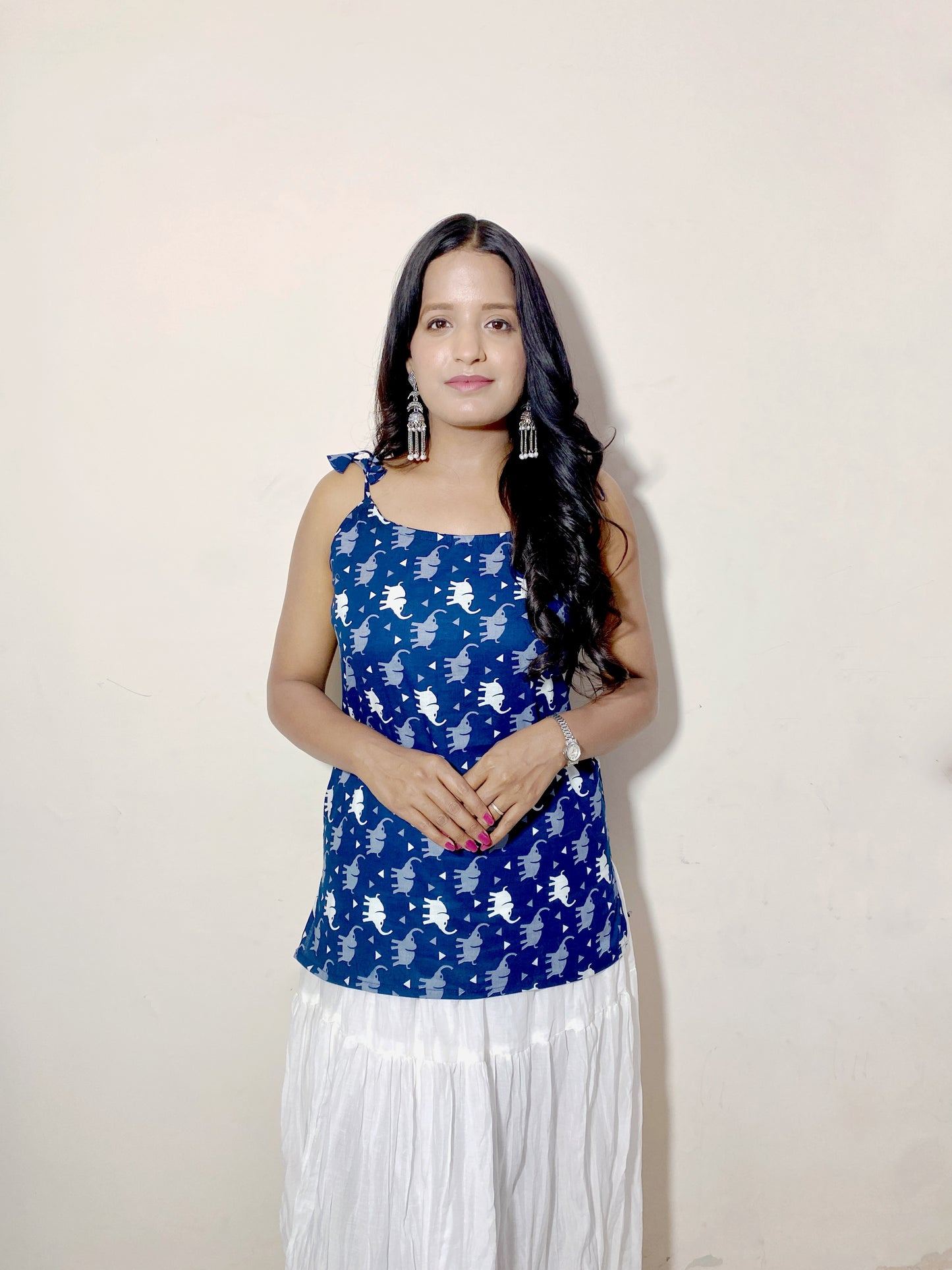 Airavya Women's Blue Elephant Print Sleeveless Short Kurti | Tie-Up Shoulder Strap Casual Ethnic Top for Women