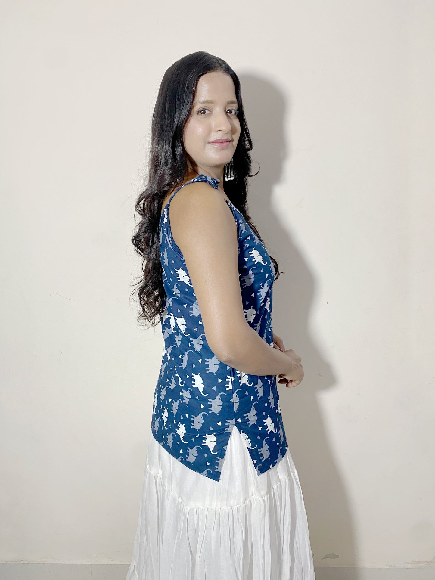 Airavya Women's Blue Elephant Print Sleeveless Short Kurti | Tie-Up Shoulder Strap Casual Ethnic Top for Women