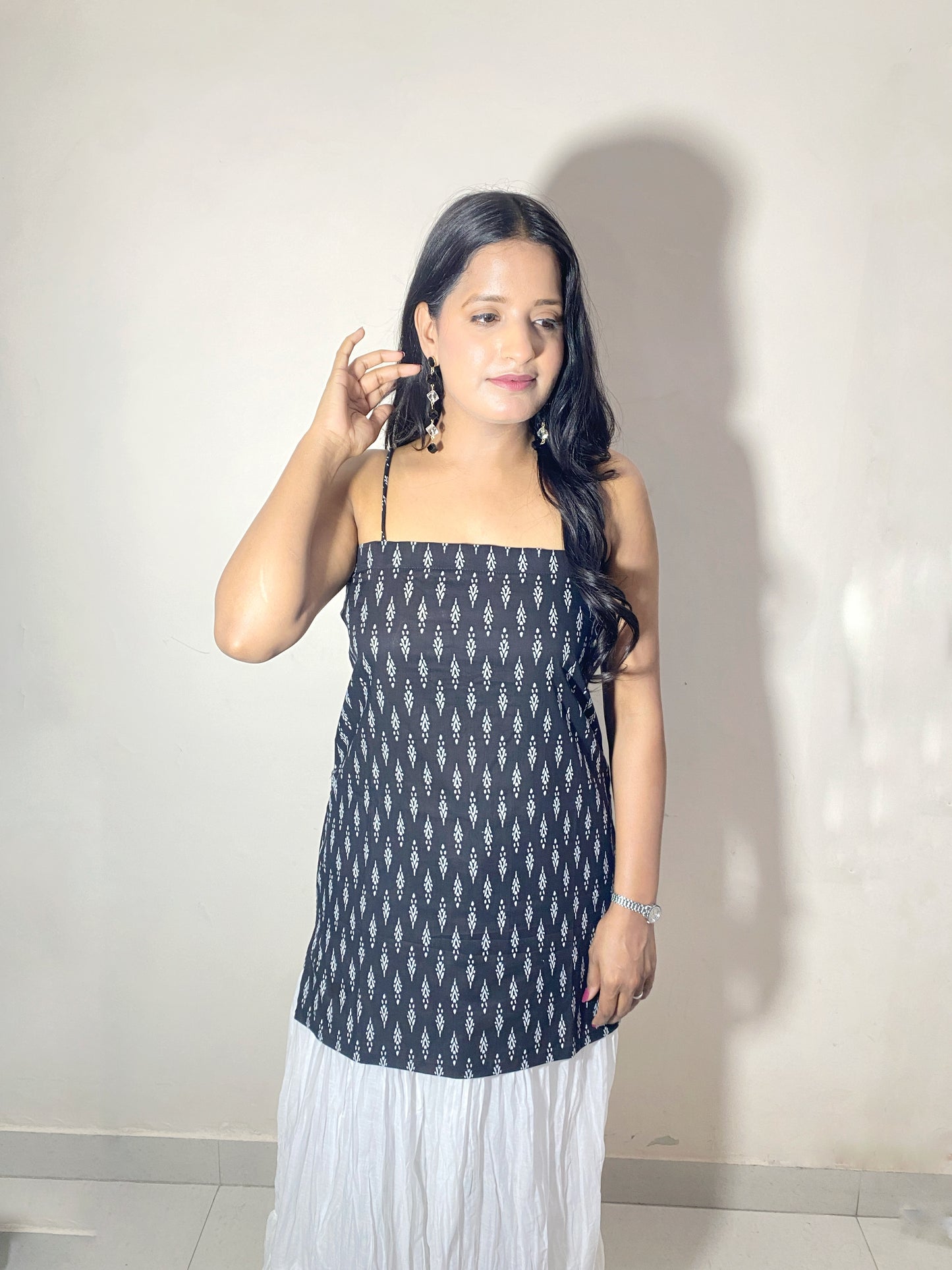 Avni Women's Black & White Printed Sleeveless Short Kurti | Criss Cross Lace-Up Back Indo Western Ethnic Top for Women