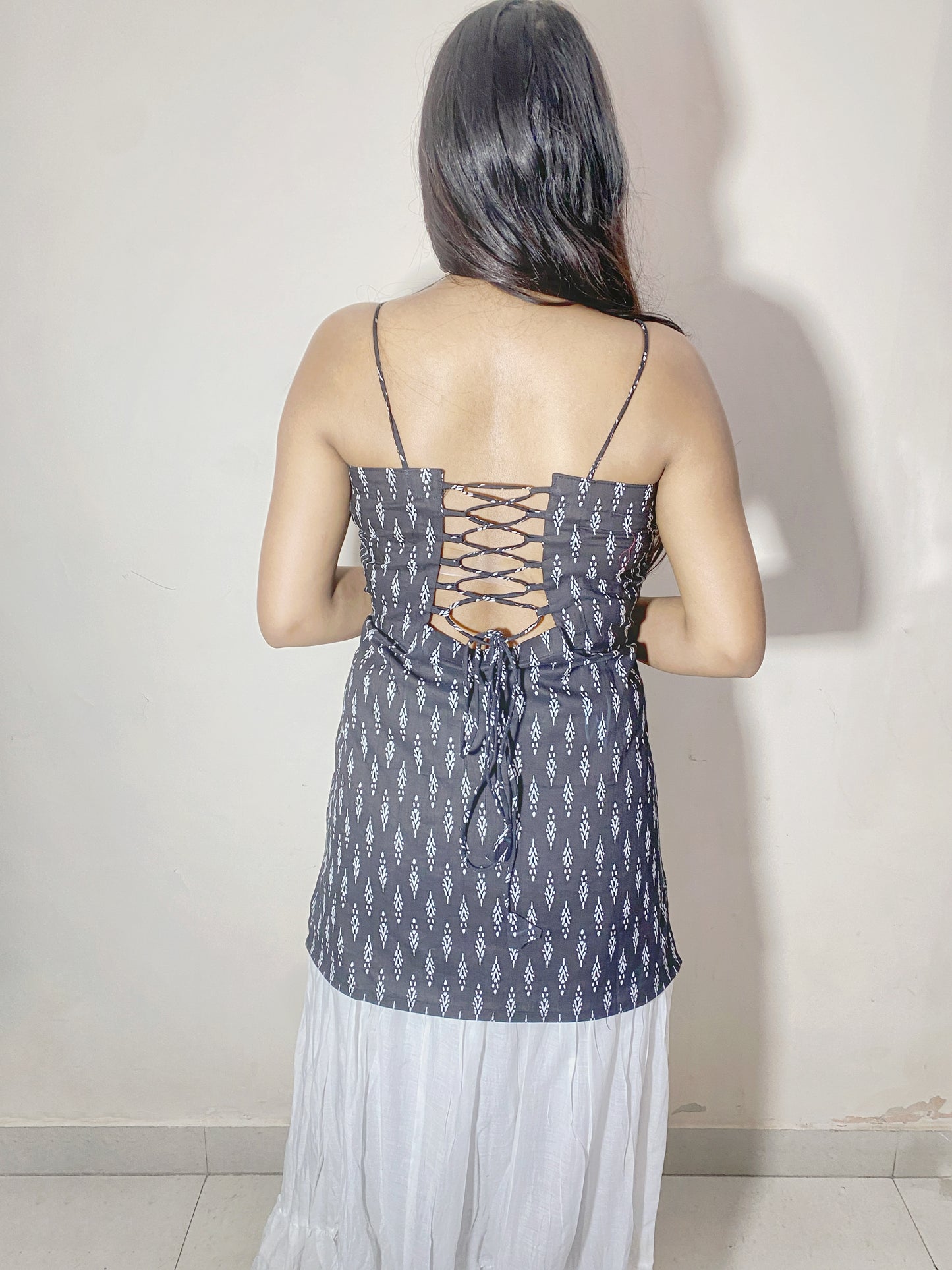 Avni Women's Black & White Printed Sleeveless Short Kurti | Criss Cross Lace-Up Back Indo Western Ethnic Top for Women