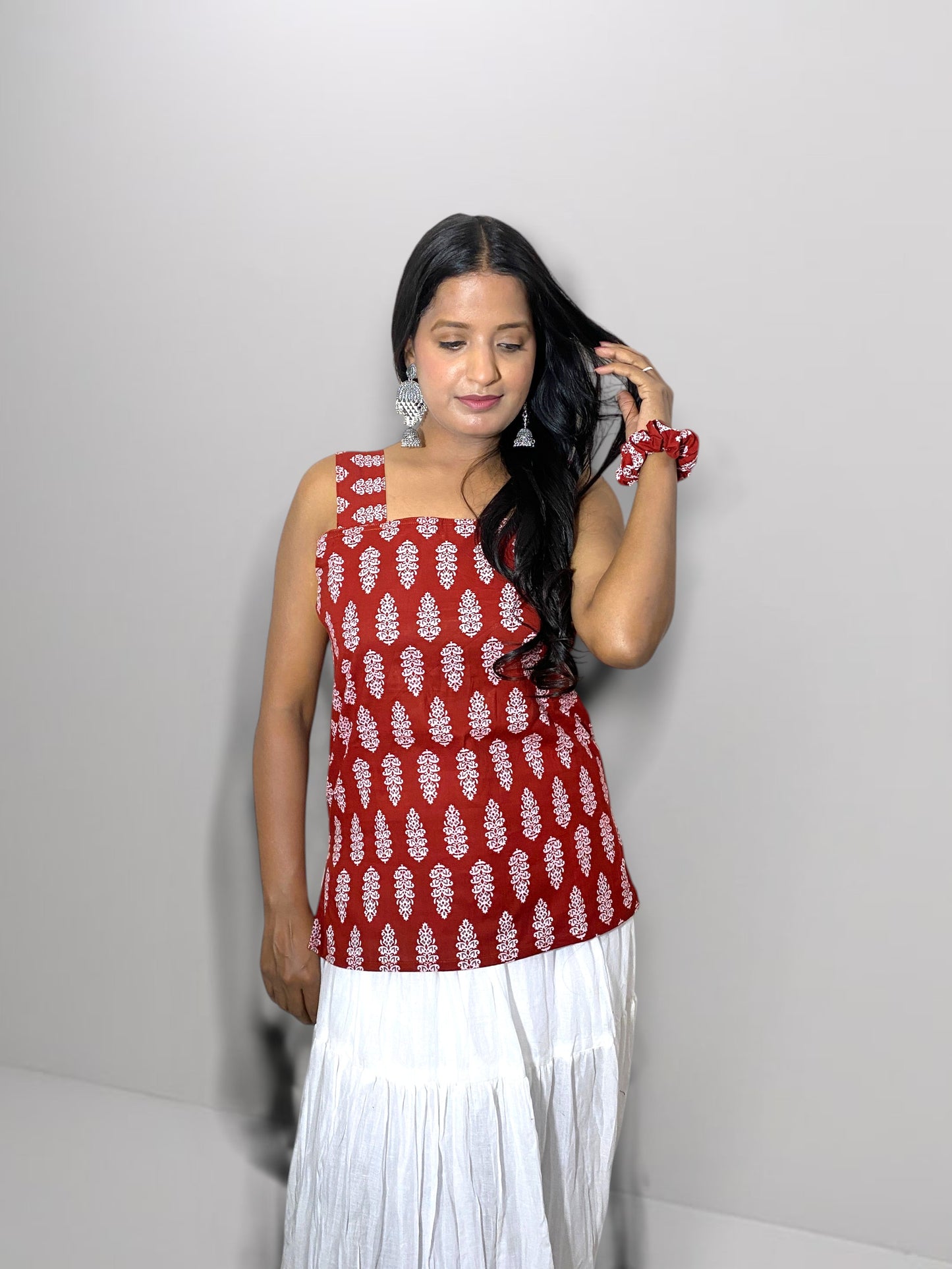 Ruhani Women's Maroon White Cotton Printed Short Kurti | Square Neck Sleeveless Indo Western Ethnic Top with Criss Cross Back Tie-Up Design