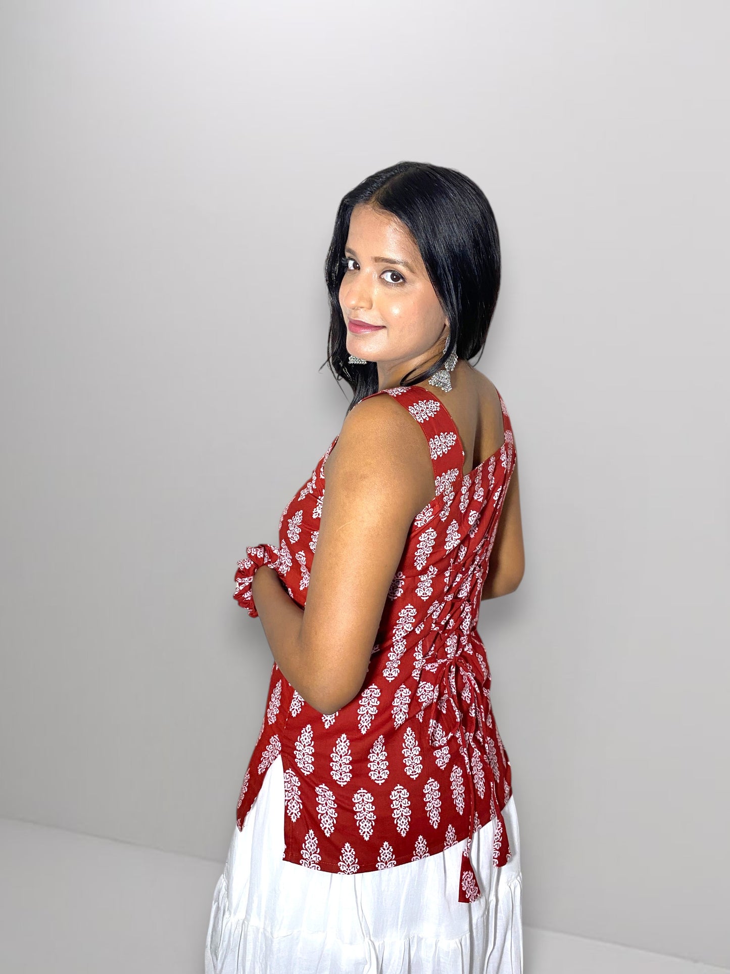 Ruhani Women's Maroon White Cotton Printed Short Kurti | Square Neck Sleeveless Indo Western Ethnic Top with Criss Cross Back Tie-Up Design