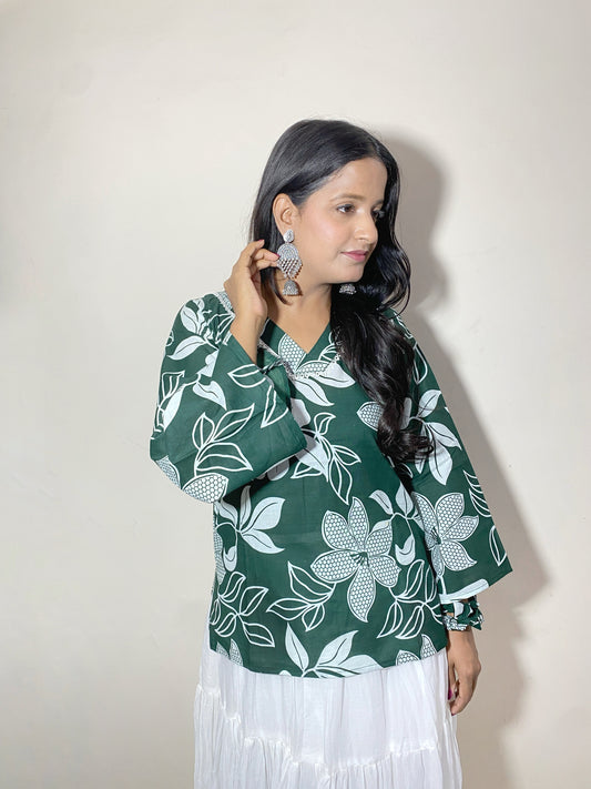 Vanya Women's Green White Floral Leaf Print Short Kurti | V Neck Bell Sleeve Ethnic Top for Women