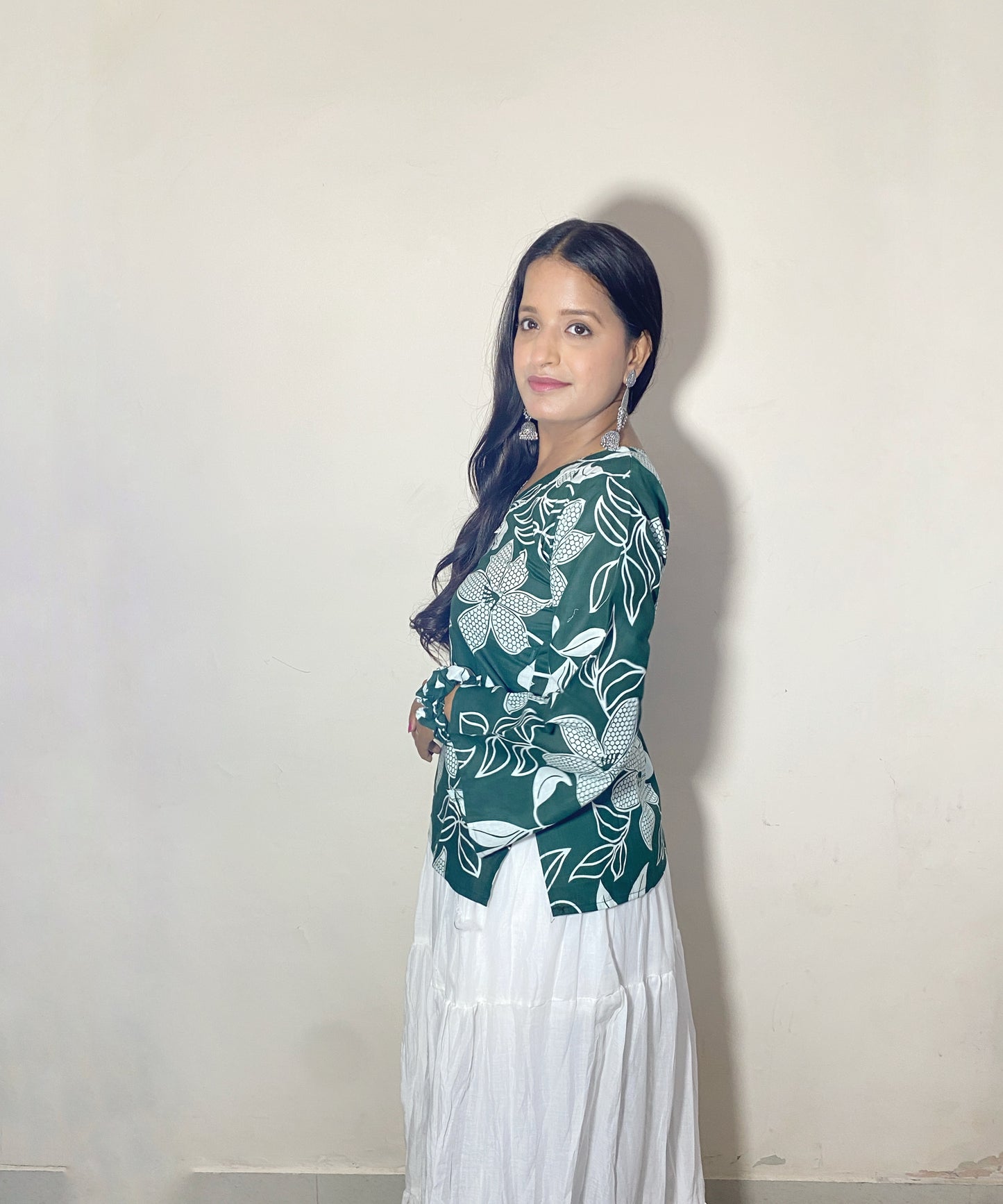 Vanya Women's Green White Floral Leaf Print Short Kurti | V Neck Bell Sleeve Ethnic Top for Women