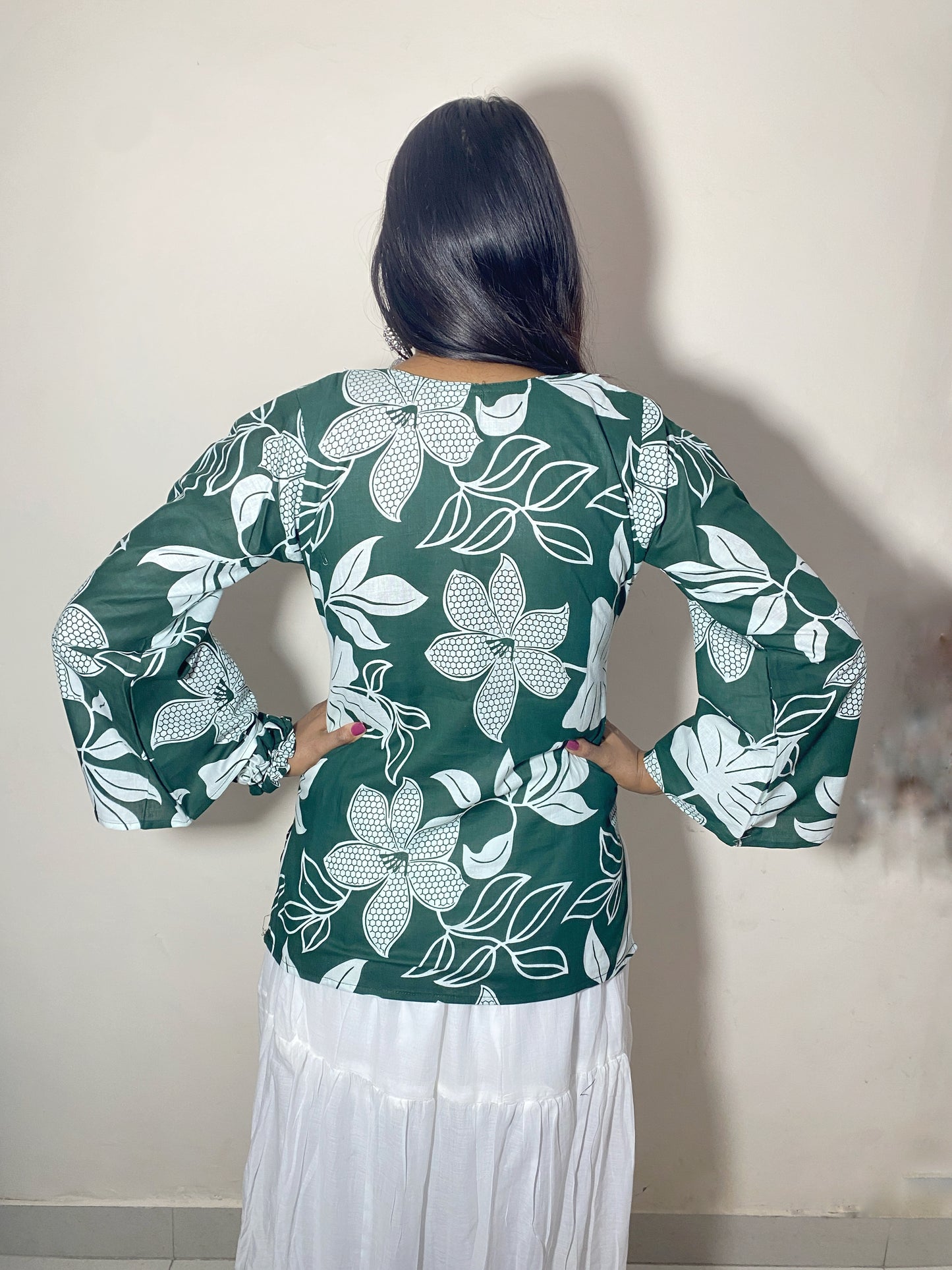 Vanya Women's Green White Floral Leaf Print Short Kurti | V Neck Bell Sleeve Ethnic Top for Women