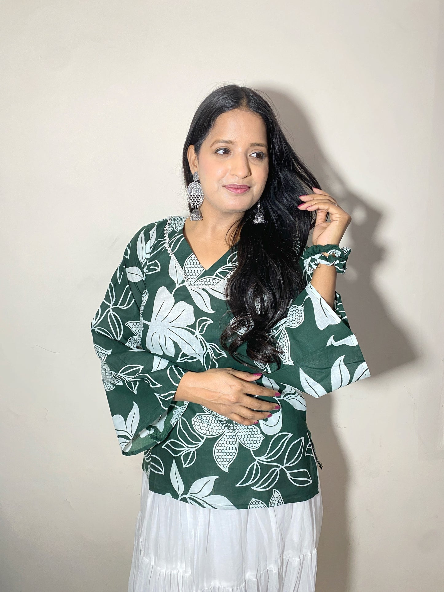 Vanya Women's Green White Floral Leaf Print Short Kurti | V Neck Bell Sleeve Ethnic Top for Women