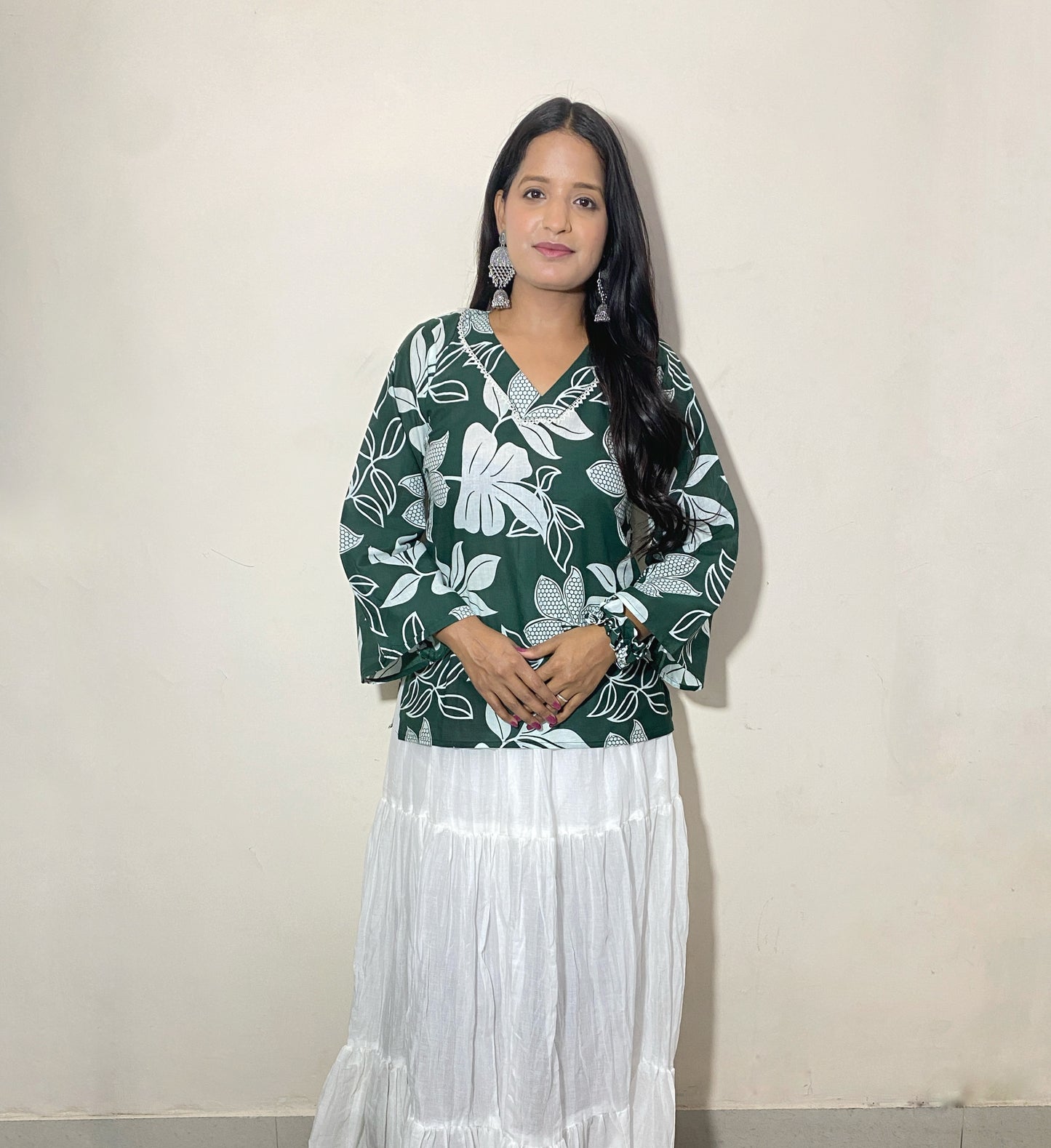 Vanya Women's Green White Floral Leaf Print Short Kurti | V Neck Bell Sleeve Ethnic Top for Women