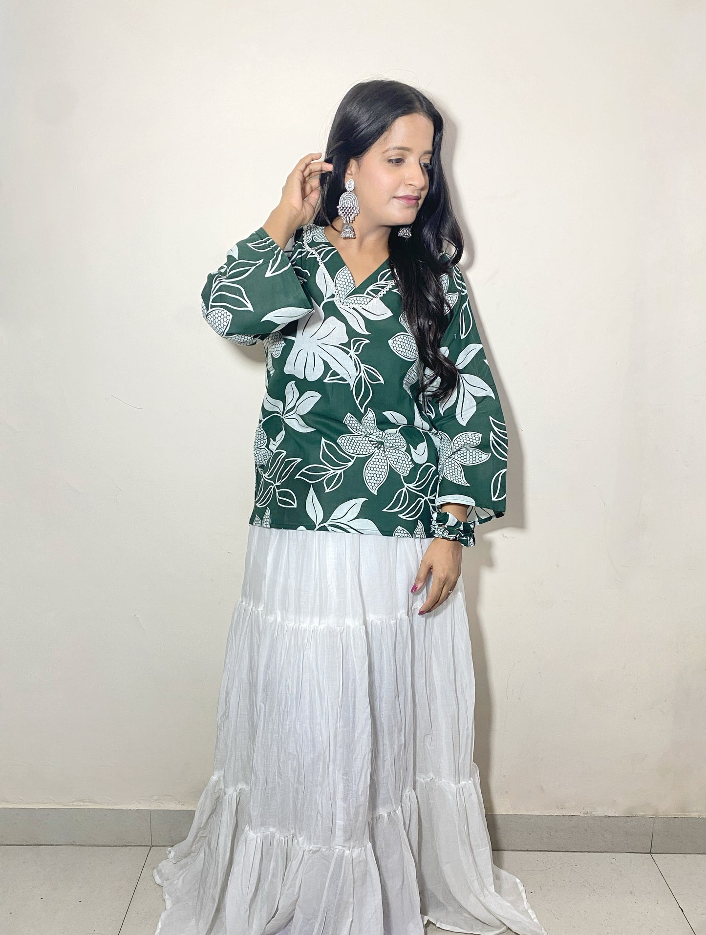 Vanya Women's Green White Floral Leaf Print Short Kurti | V Neck Bell Sleeve Ethnic Top for Women