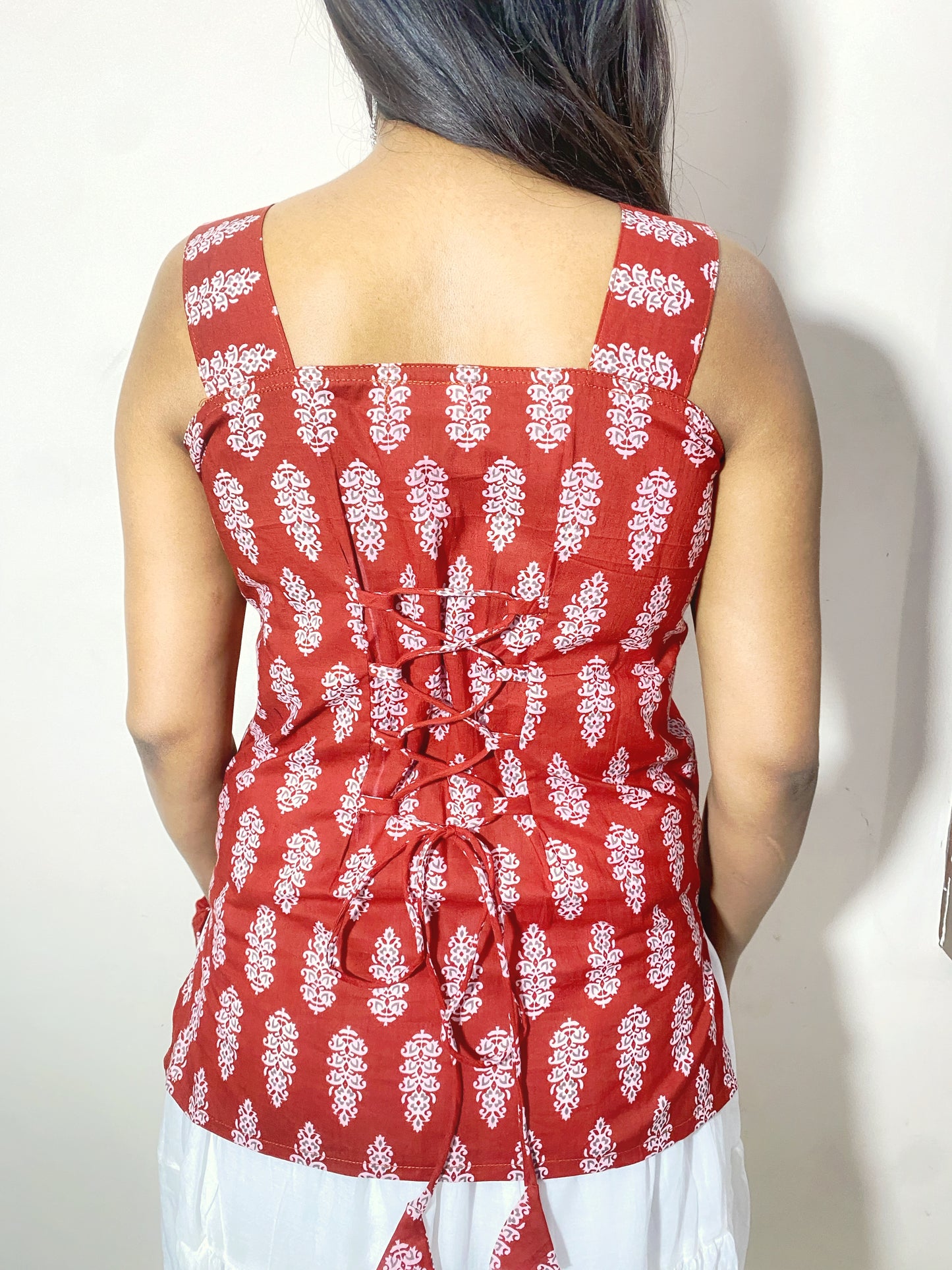 Ruhani Women's Maroon White Cotton Printed Short Kurti | Square Neck Sleeveless Indo Western Ethnic Top with Criss Cross Back Tie-Up Design