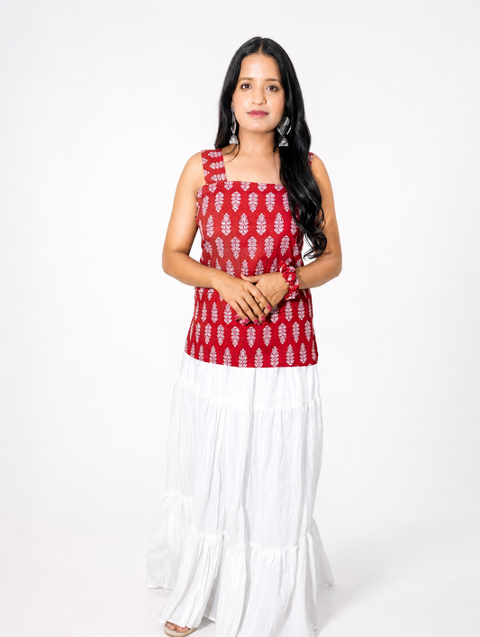 Ruhani Women's Maroon White Cotton Printed Short Kurti | Square Neck Sleeveless Indo Western Ethnic Top with Criss Cross Back Tie-Up Design