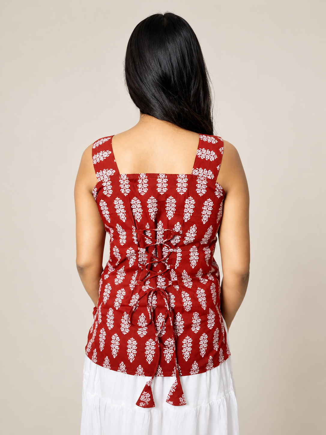Ruhani Women's Maroon White Cotton Printed Short Kurti | Square Neck Sleeveless Indo Western Ethnic Top with Criss Cross Back Tie-Up Design