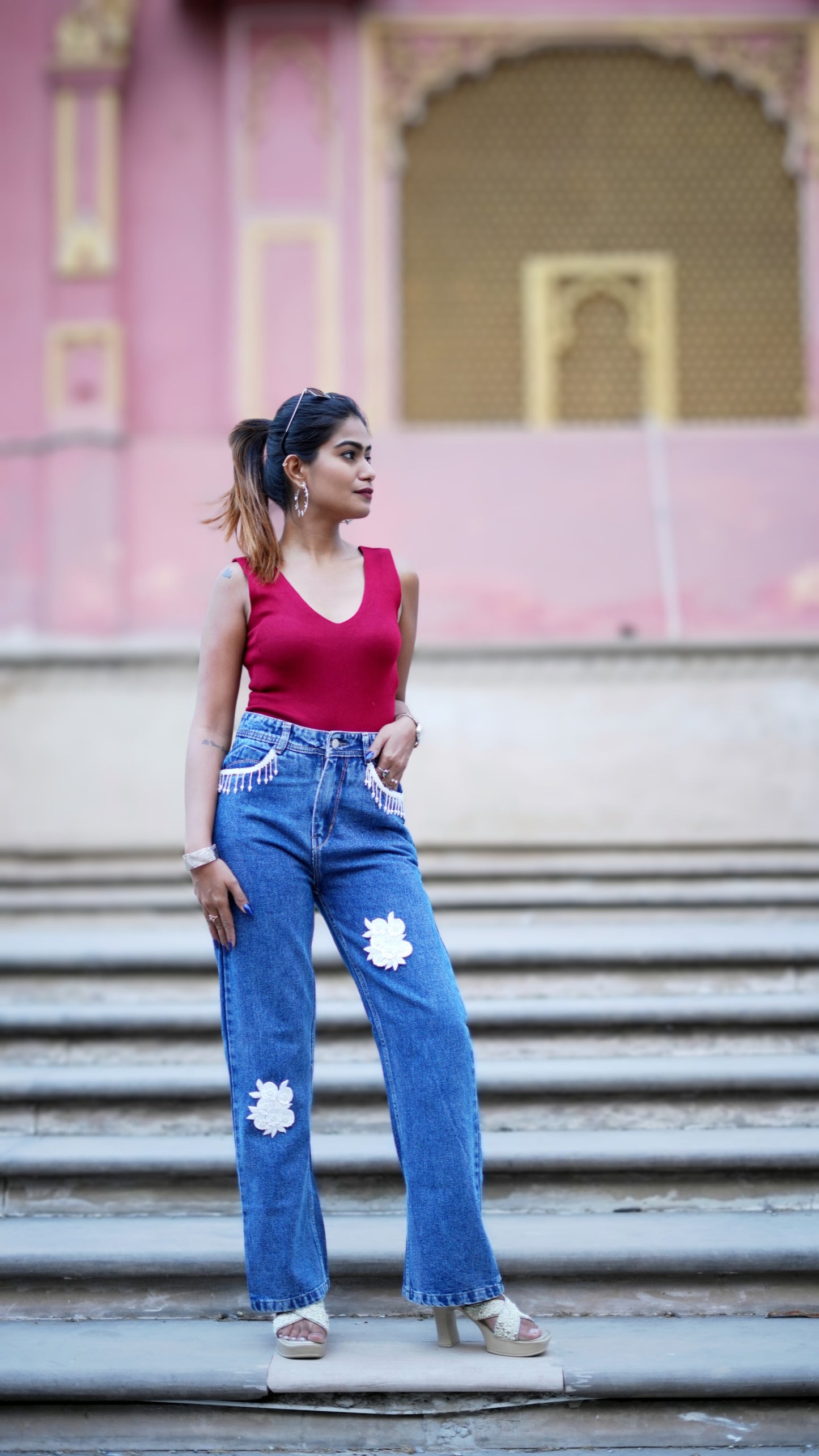 Floral Fringe Denim Jeans