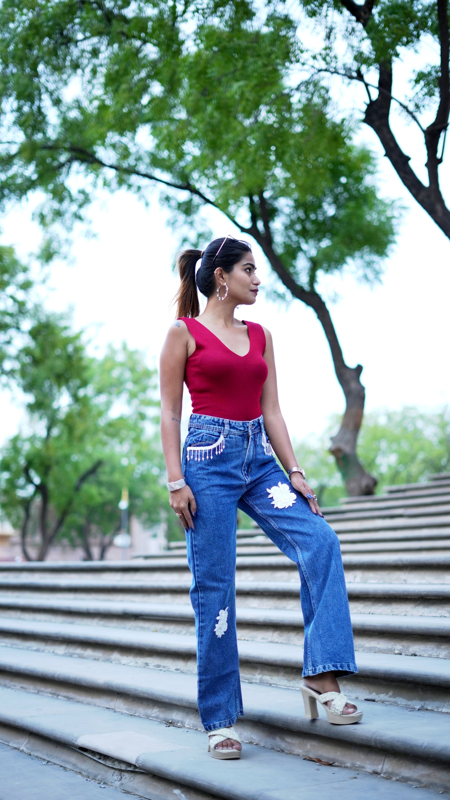 Floral Fringe Denim Jeans