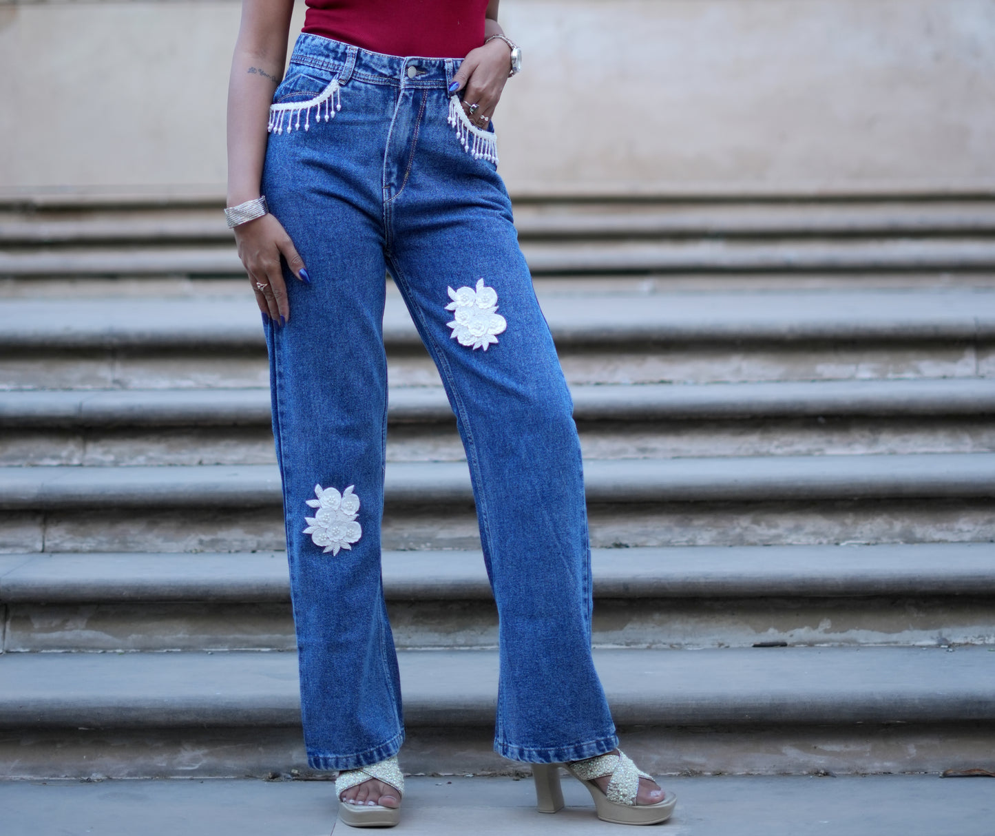 Floral Fringe Denim Jeans