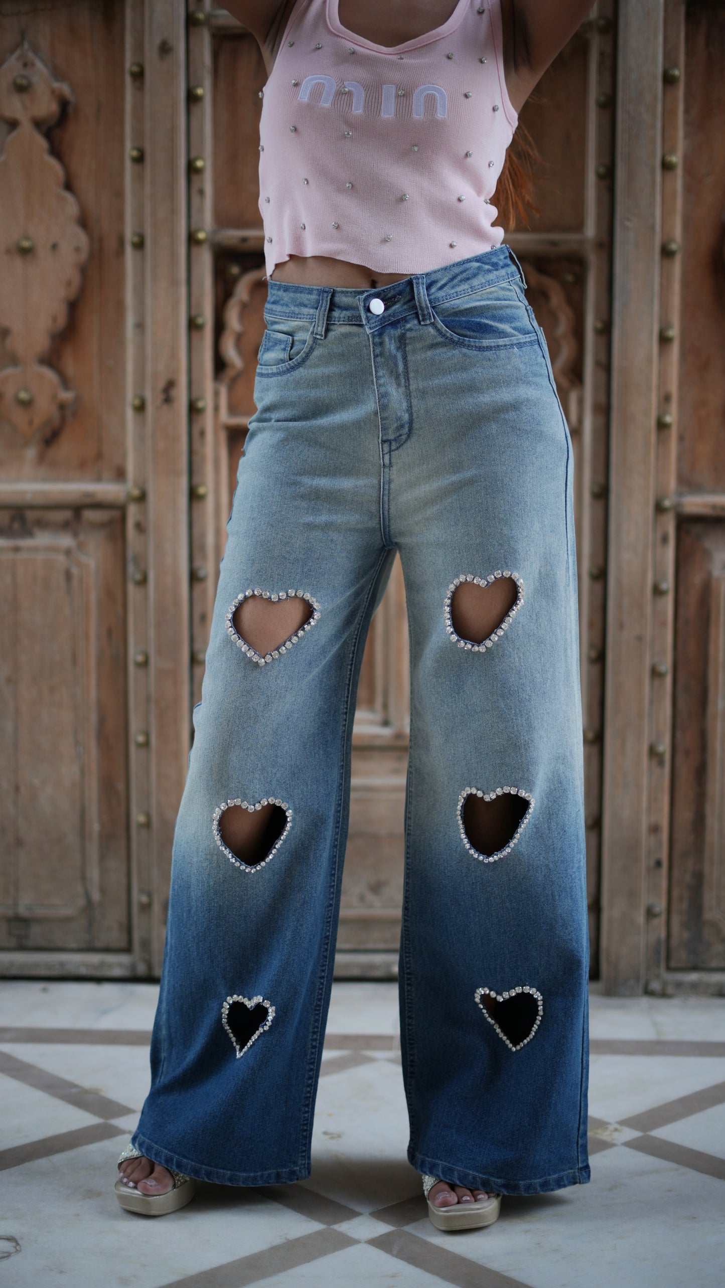Woman Charm Heart Dual Shade Stone Jeans